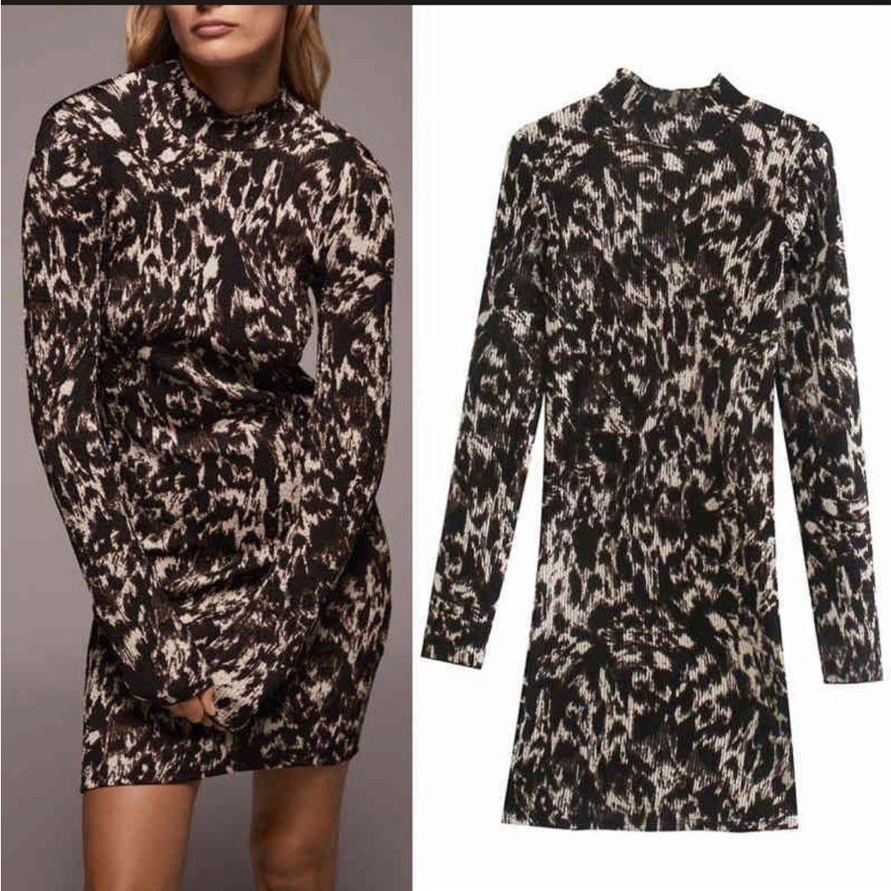 Zara Animal Print Mock‎ Neck Long Sleeve Dress